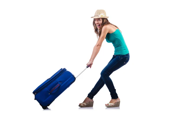 Młoda dziewczyna z walizką na białym — Zdjęcie stockowe