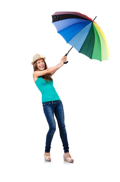 Молодая женщина с цветным зонтиком — стоковое фото