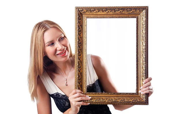 ホワイト上の画像のフレームを持つ若い女 — ストック写真