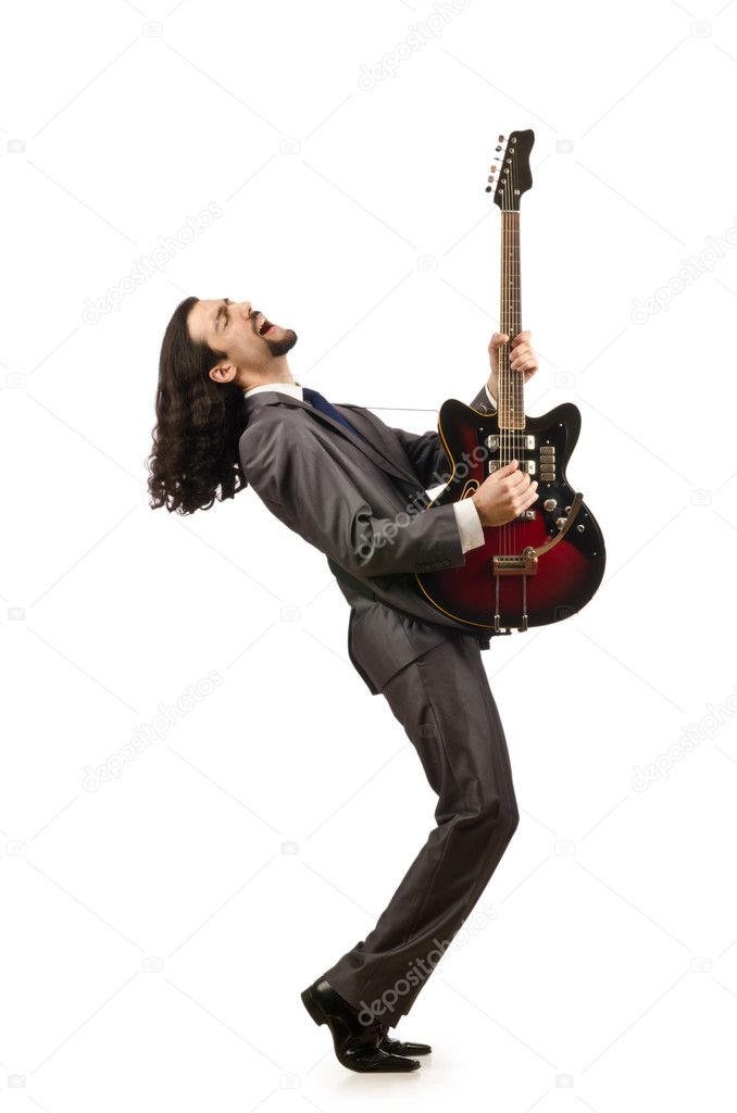 Businessman playing the guitar on white