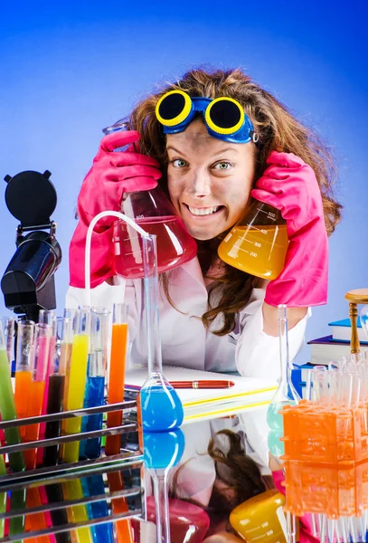 Funny female chemist in lab — Stock Photo, Image