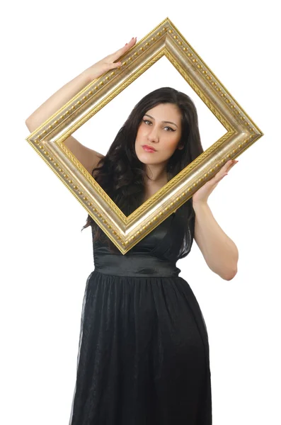 Woman with picture frame on white — Stock Photo, Image