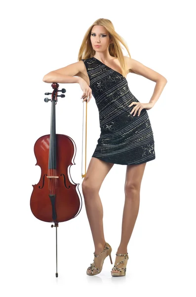 Woman performer with cello on white — Stock Photo, Image