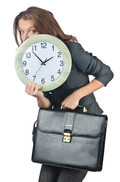 Femme d'affaires avec horloge isolée sur blanc — Photo