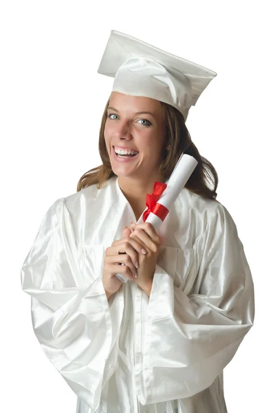 Junge Studentin mit Diplom auf weiß — Stockfoto