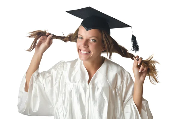 Junge Studentin mit Diplom auf weiß — Stockfoto