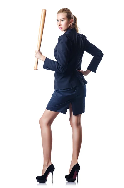 Businesswoman with baseball bat on white — ストック写真