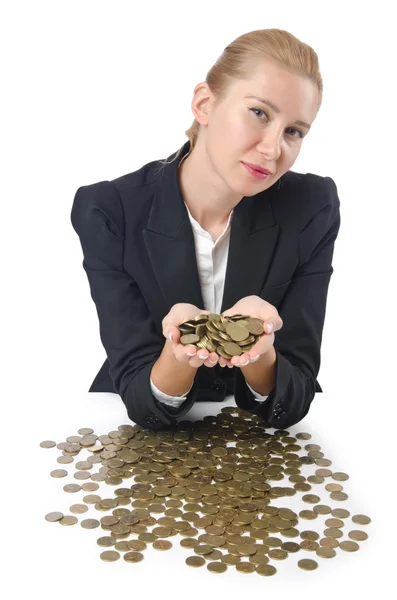 Woman with lots of coins on white — Stock Photo, Image