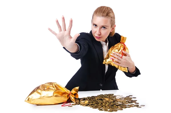 Kvinna med mynt och gyllene säckar — Stockfoto