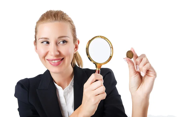 Mujer con monedas en blanco — Foto de Stock