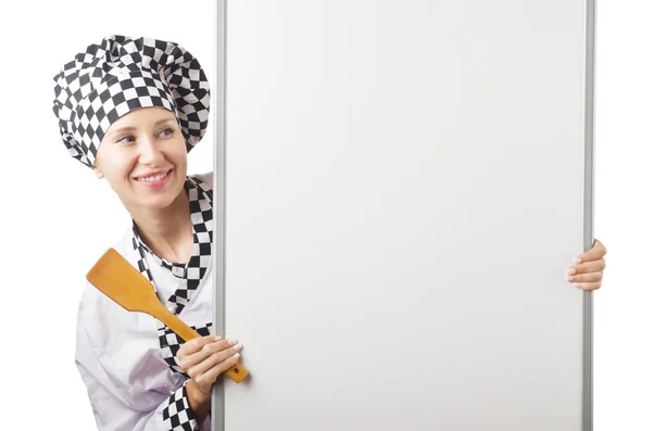 Cook with ladle and blank board — Stock Photo, Image