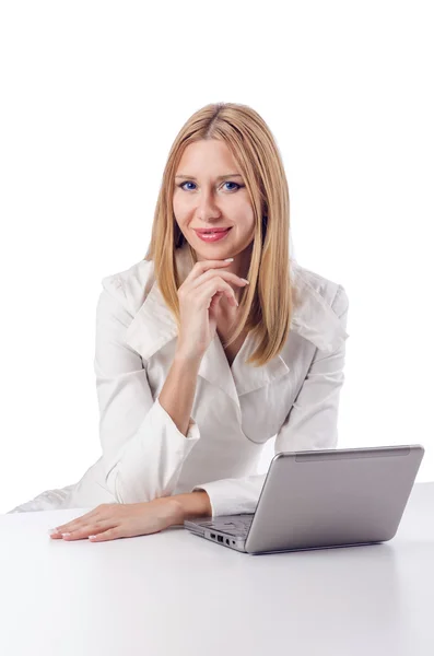 Woman with laptop on white — Stock Photo, Image