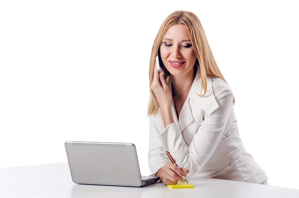 Mulher com laptop em branco — Fotografia de Stock