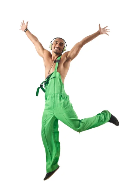 Construction worker jumping and dancing — Stock Photo, Image