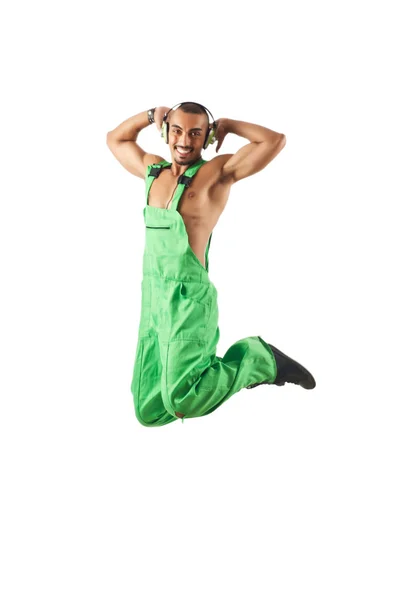 Construction worker jumping and dancing — Stock Photo, Image