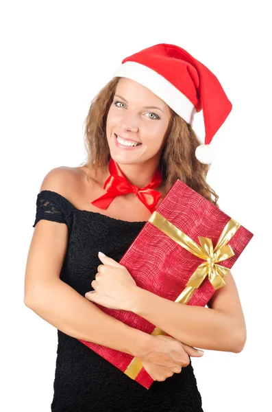 Young santa with giftbox on white — Stock Photo, Image