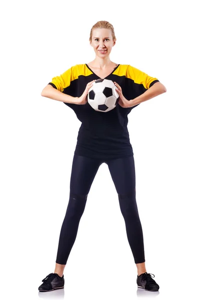 Kvinna fotbollsspelare på vit — Stockfoto