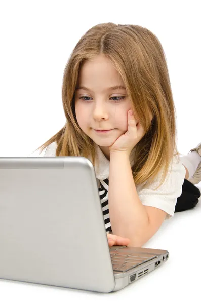 Cute girl with laptop on white — Stock Photo, Image