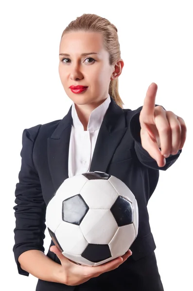 Businesswoman with football on white — Stock Photo, Image