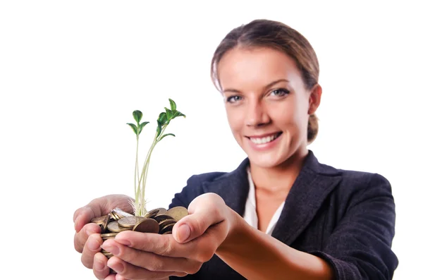 Businesswoman with seedling on white — 스톡 사진