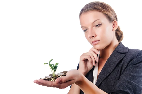 Businesswoman with seedling on white — 스톡 사진