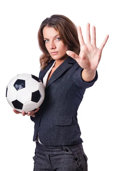 Businesswoman with football on white — Stock Photo, Image