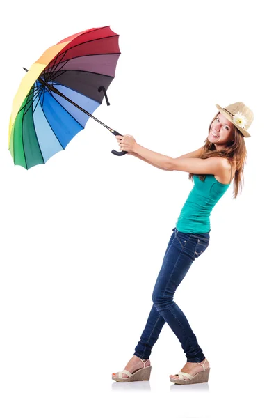 Młoda kobieta z kolorowym parasolem — Zdjęcie stockowe