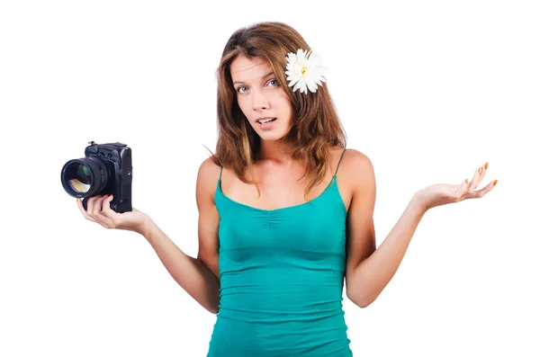 Atrakcyjna kobieta fotograf na biały — Zdjęcie stockowe