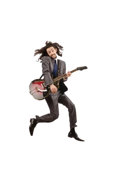 Gitara gracz w garniturze na biały — Zdjęcie stockowe