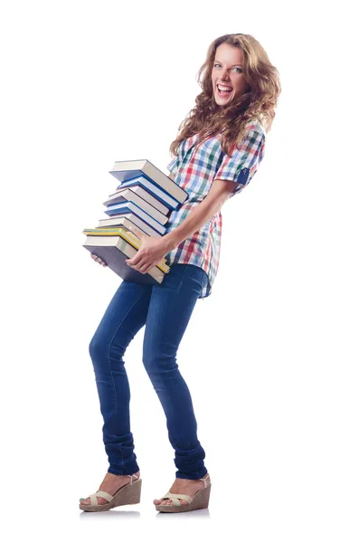 Student mit vielen Büchern auf weiß — Stockfoto