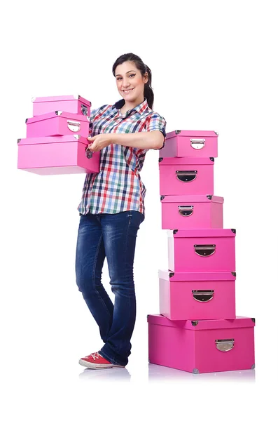 Meisje met stapel giftboxes op wit — Stockfoto