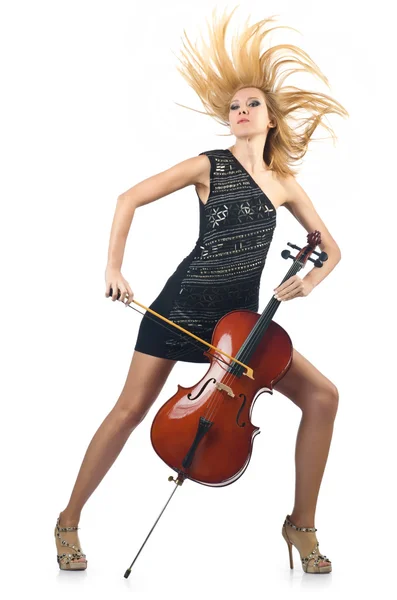 Femme interprète avec violoncelle sur blanc — Photo