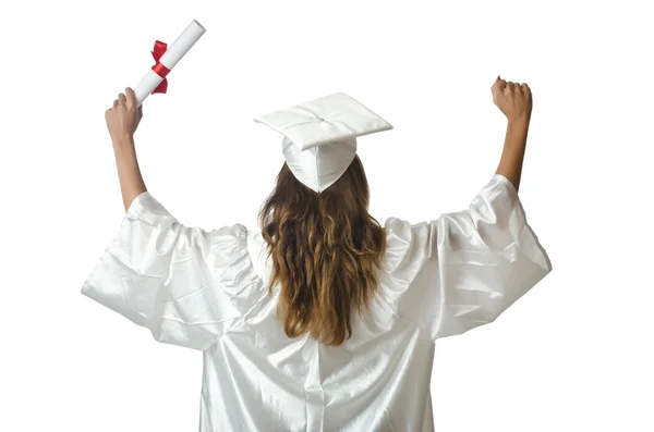 Young student with diploma on white — Stock Photo, Image