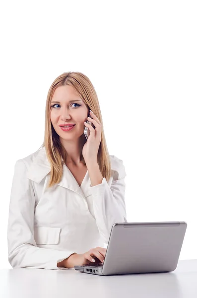 Donna con computer portatile su bianco — Foto Stock