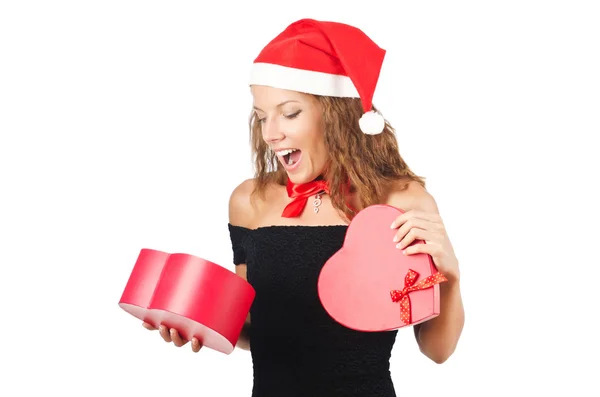 Young santa with giftbox on white — Stock Photo, Image