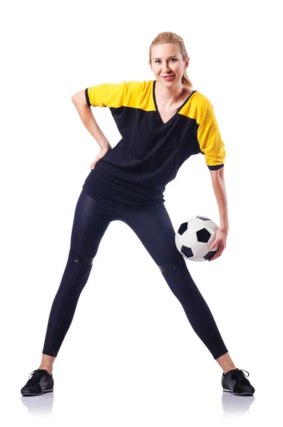 Kobieta gry w piłkę nożną na biały — Zdjęcie stockowe