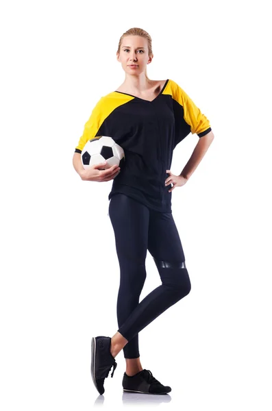 Frau spielt Fußball auf Weiß — Stockfoto