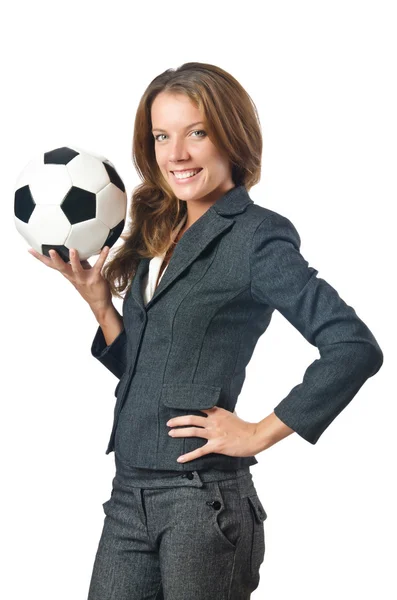 Businesswoman with football on white — Stock Photo, Image