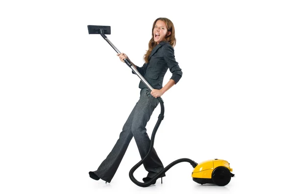 Affärskvinna rengöring med dammsugare — Stockfoto