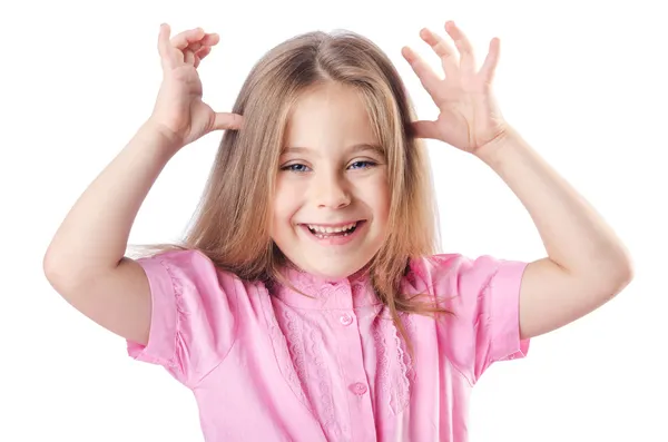 Schattig klein meisje geïsoleerd op de witte — Stockfoto