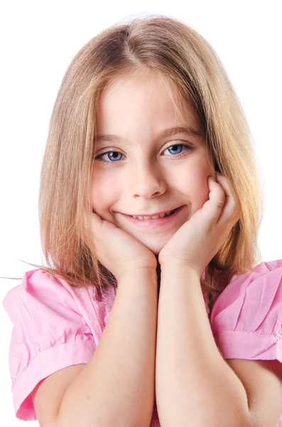 Schattig klein meisje geïsoleerd op de witte — Stockfoto