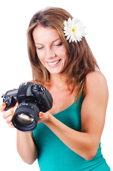 Attractive female photographer on white — Stock Photo, Image