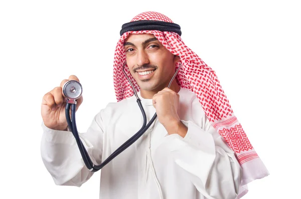 Médico árabe con estetoscopio sobre blanco — Foto de Stock
