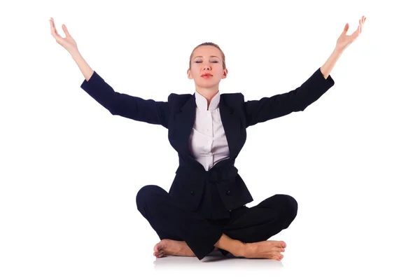 Young businesswoman meditating on the white — Stock Photo, Image