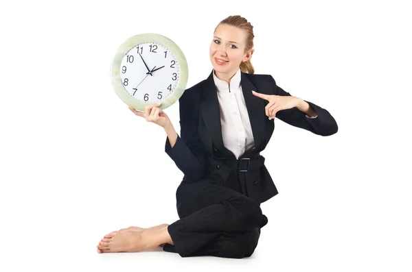 Woman with clock on white — Stock Photo, Image