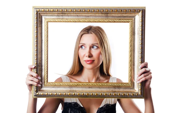 Woman with picture frames on white — Stock Photo, Image