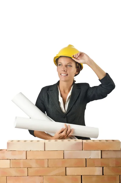 Businesswoman with drawings near brick wall — Stock Photo, Image