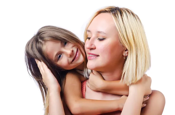 Happy mom and daughter on white — Stock Photo, Image
