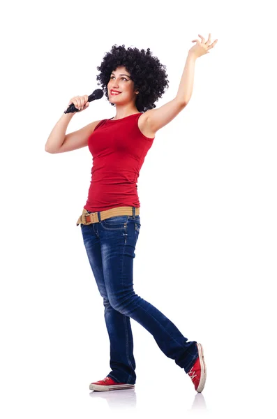 Donna con taglio di capelli afro su bianco — Foto Stock