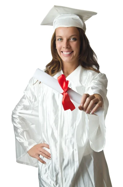 Giovane studente con diploma su bianco — Foto Stock